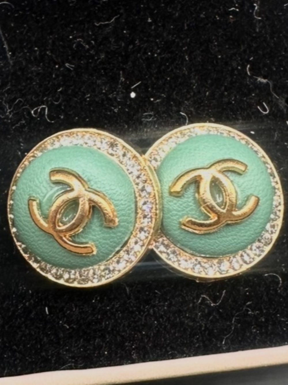 Inspooo  Gold-Tone CC Mint Green Button Earrings with Crystal Halo